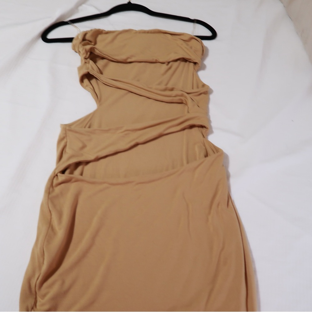 Oh Polly Tan Strapless Ruched Bodycon Dress